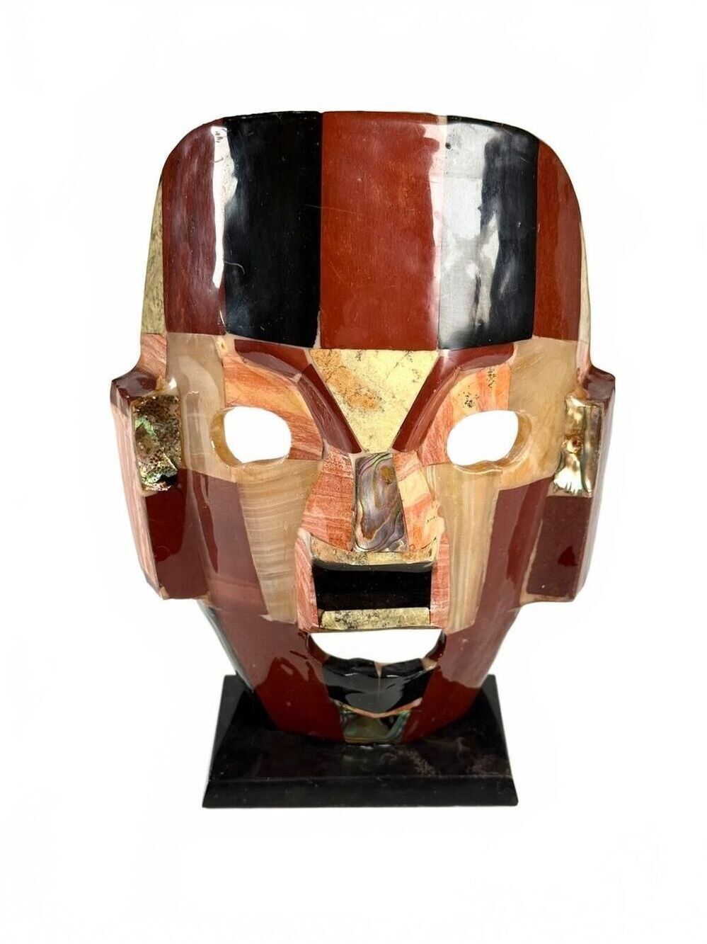 Vintage Aztec Mayan Burial Death Mask Semi Precious Stone Abalone Shell Inlay